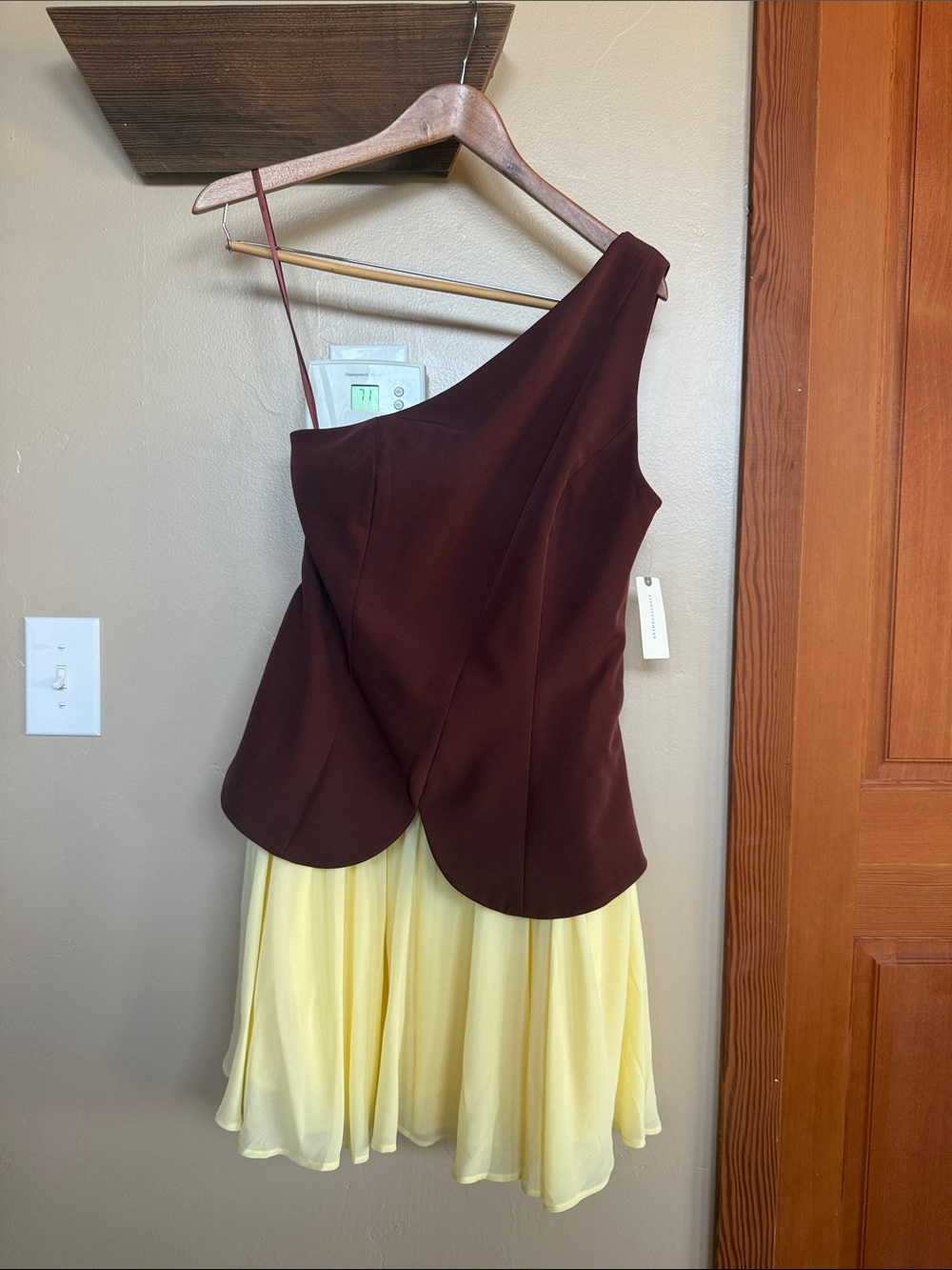Maeve One-Shoulder Two-Tone Dress in Chocolate and Pale Yellow